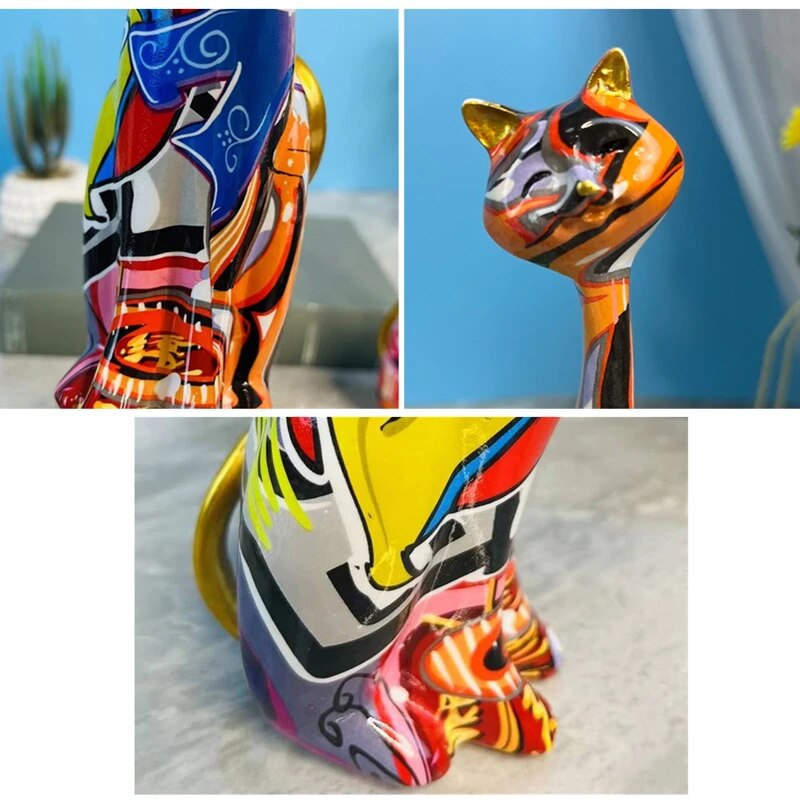 Nordic Painted Graffiti Cat Decoration Resin Abstract Lovers Cat Statue  Animal image 6