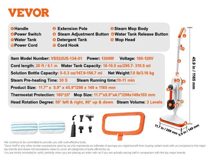 VEVOR Steam Mop Cleaner 5-in-1 High Temperature Steam Cleaner Multipurpose Floo image 0