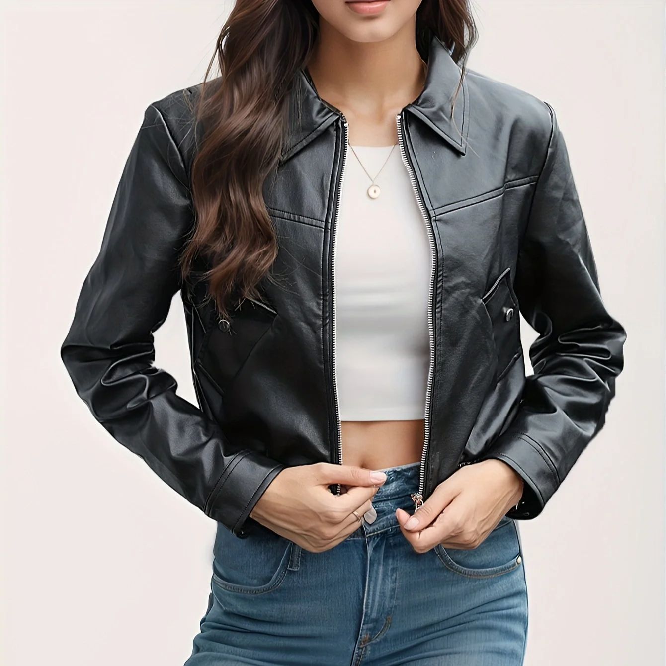 Women Fashion PU Motorcycle Jacket Zipper Pocket Leather Short Jacket image 3