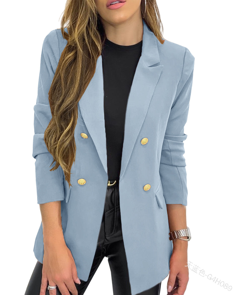 Women Classic Buttons Slim Fitting Blazer Jacket Solid Color Casual Long Slee