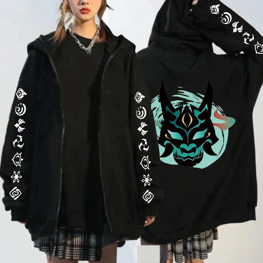 Genshin Impact Xiao Mask Fangs Anime Print Zipper Hoodies Men Women Harajuku Fa