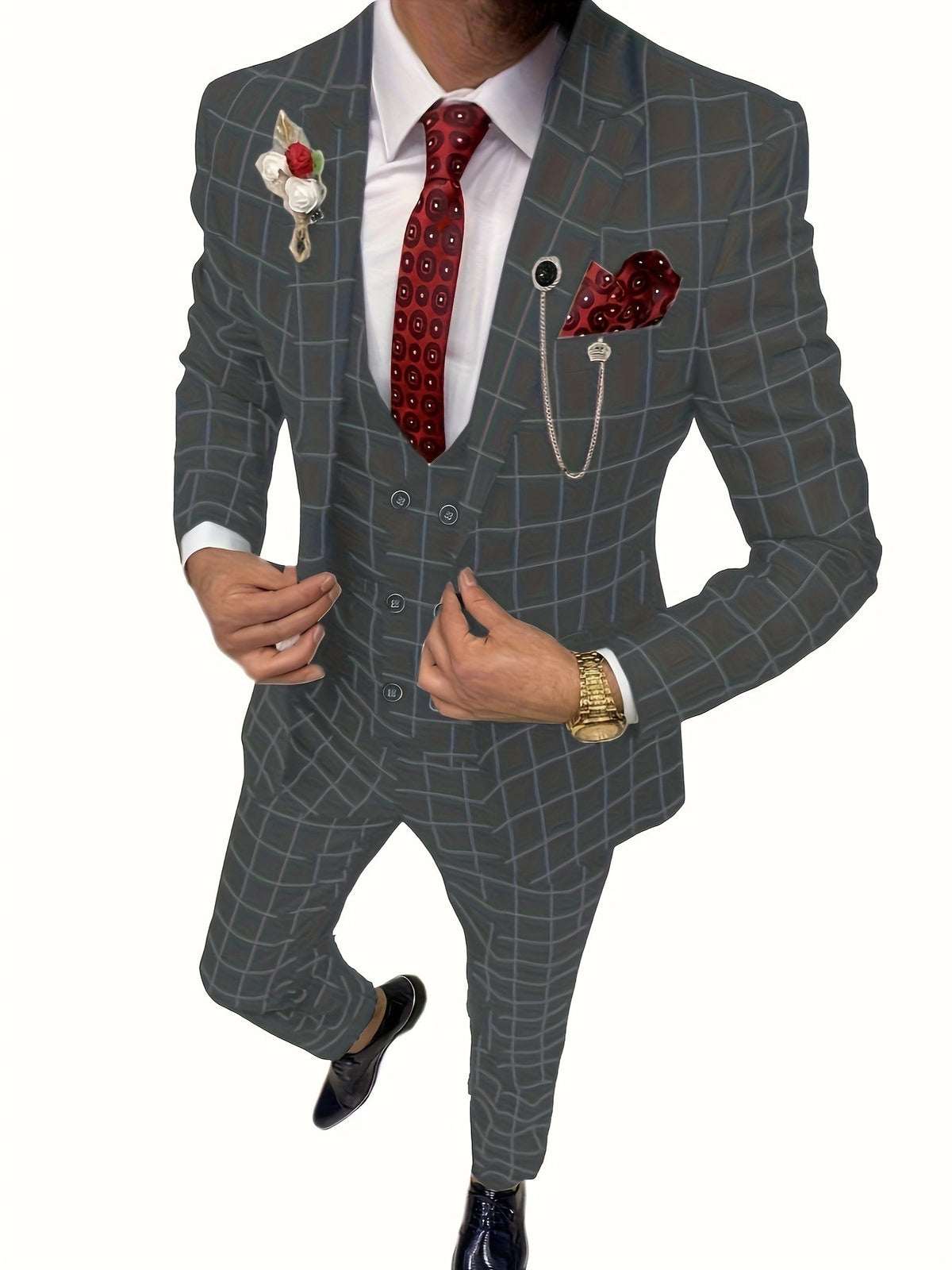 Elegant Men's Suit 3 Pieces Plaid Tuxedos Business Suits Slim Fit Double Breast