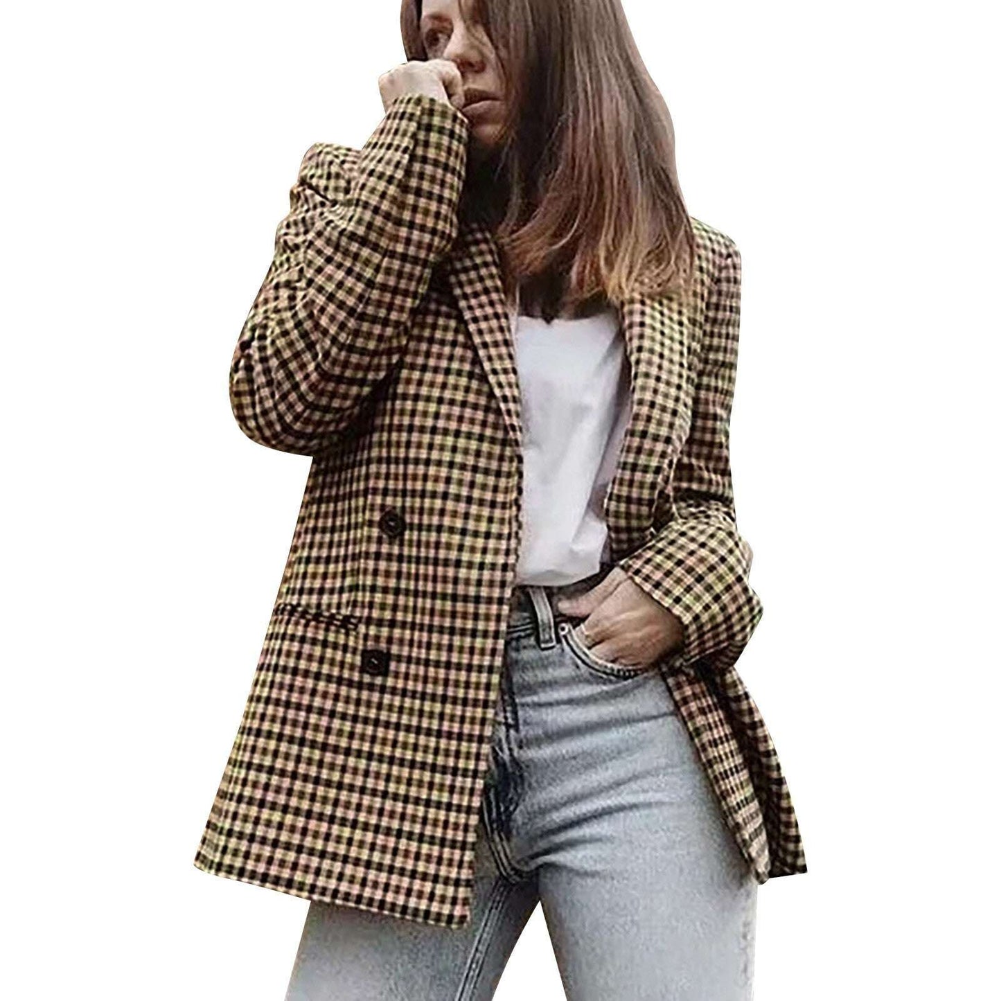 Ladies' Autumn And Winter Double Breasted Lapel Long Sleeved Checkered Suit Jac