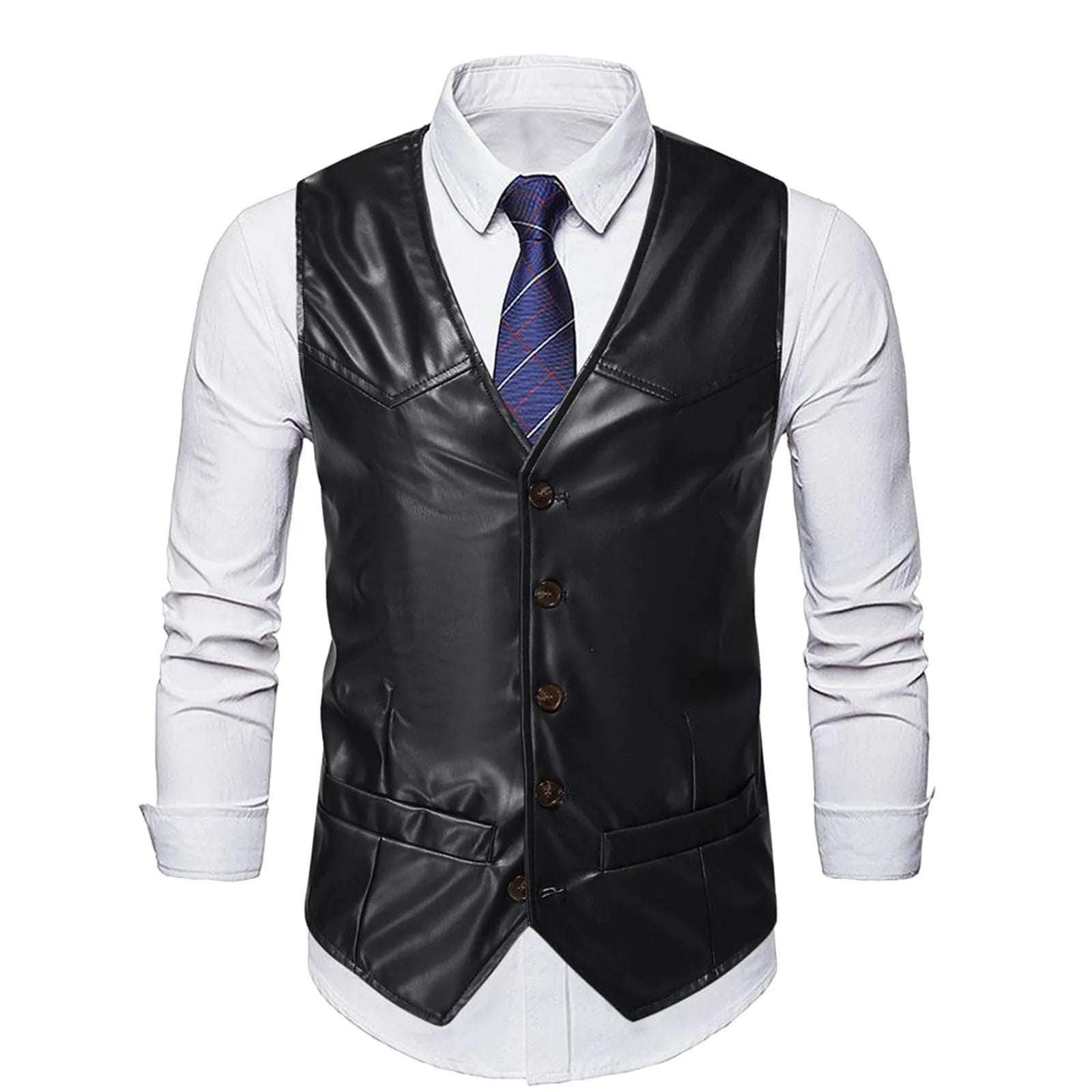 Men's's Retro PU Leather Vest For Male Formal Business Suit Vest Autumn Fashion M