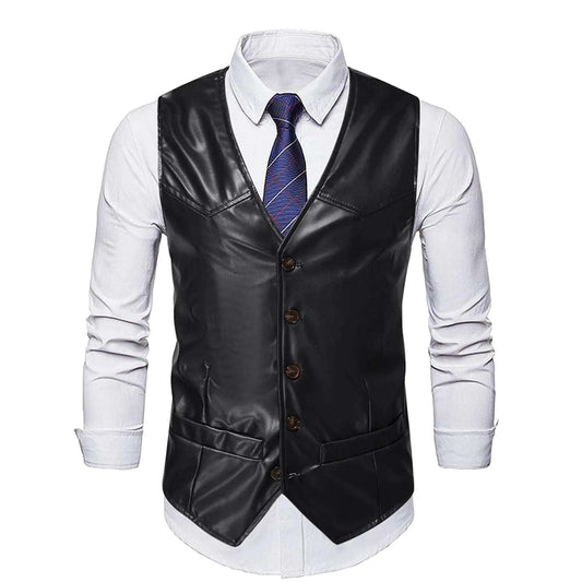 Men's's Retro PU Leather Vest For Male Formal Business Suit Vest Autumn Fashion M