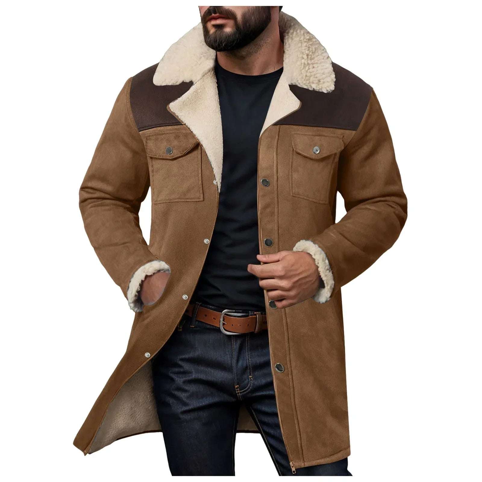 2024 Fashion Men's Jacket Suede Color Blocked Multi Pocket Zipper Coat Plush Lape