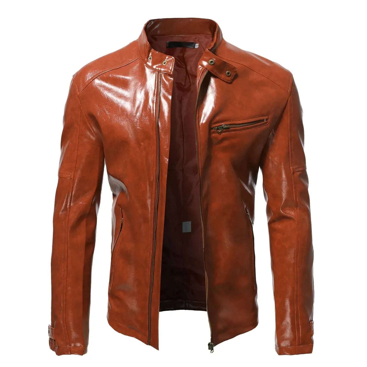 Drift Jacket Men's Casual Solid Color Stand Zipper Pocket Leather Jacket Slim Lig