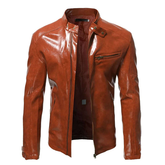 Drift Jacket Men's Casual Solid Color Stand Zipper Pocket Leather Jacket Slim Lig