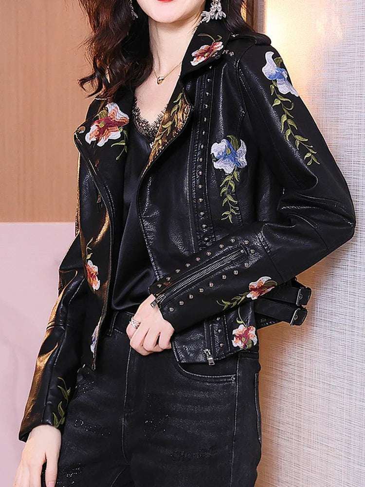 FTLZZ New Spring Autumn Women's Biker Leather Jacket Floral Print Embroidery Pu