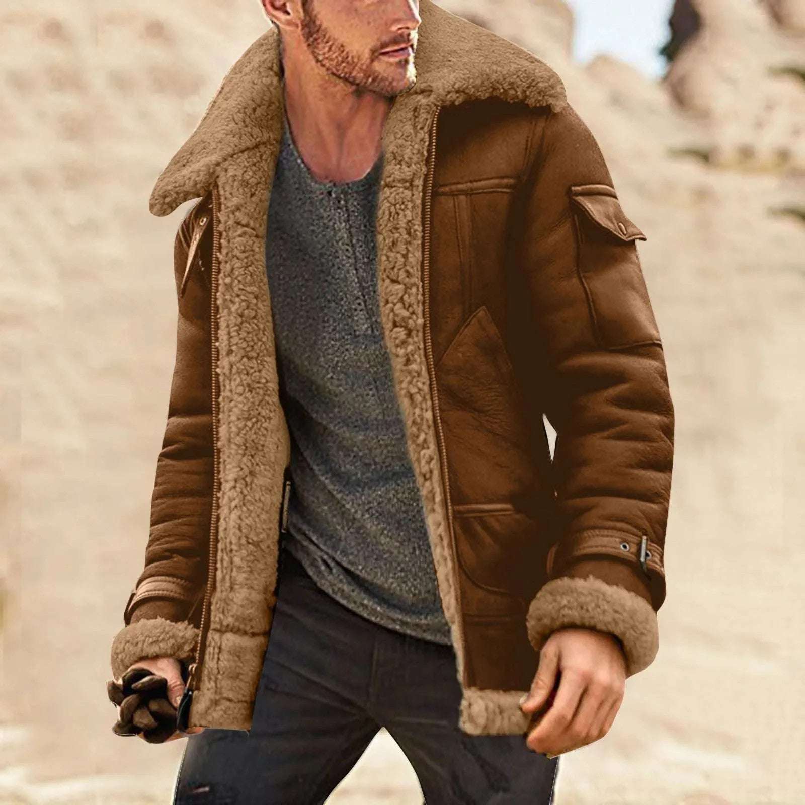 Men's Plus Size Winter Scrub Leather Jackets Long Sleeve Fleece Lined Leather Jac