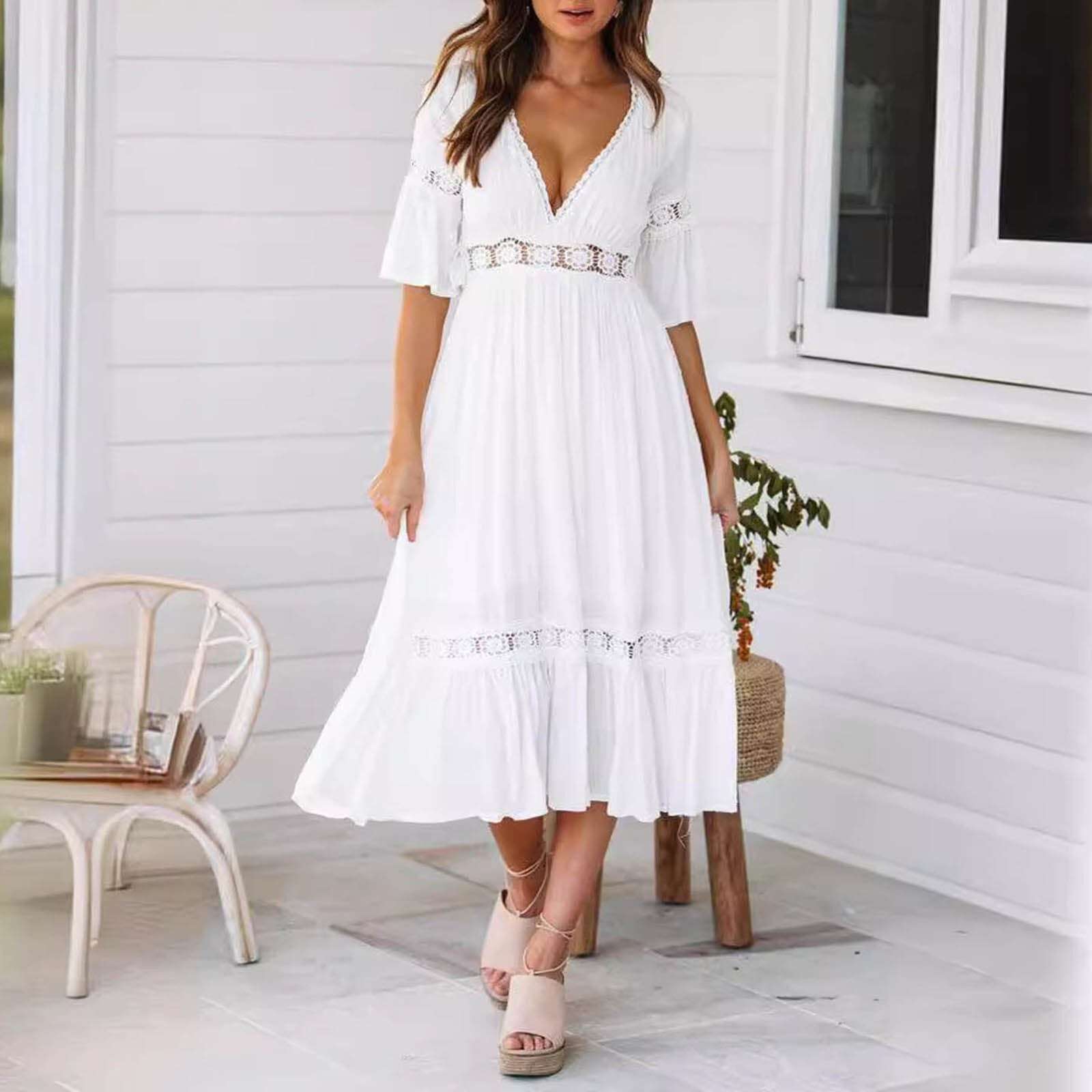 Deep V Lace White Dress Women Fashion Wedding Party Dress Summer B