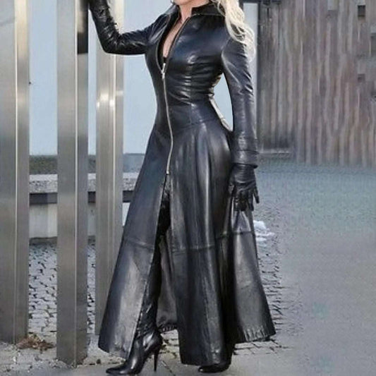 Elegant Women's Faux Leather Trench Coat Black Streetwear Zipper Lapel Dress Comm