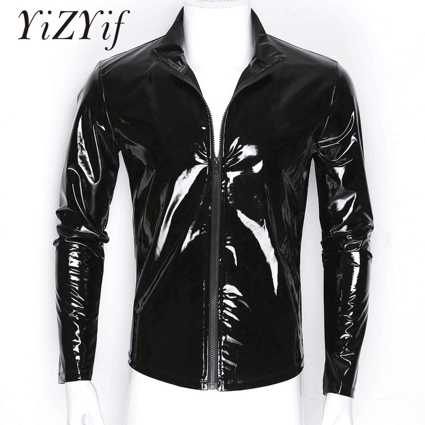 YiZYiF Men's Shiny Metallic Front-Zip Stand Collar Tops Wet Look Cute Patent Leat