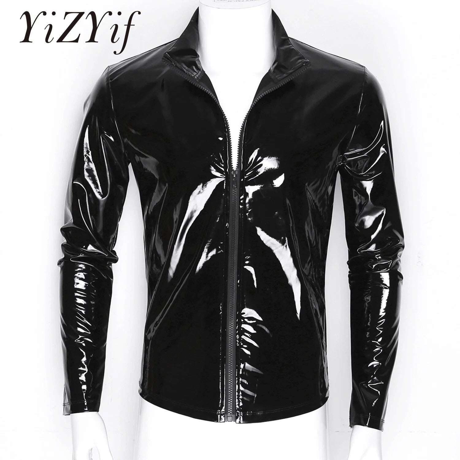 YiZYiF Men's Shiny Metallic Front-Zip Stand Collar Tops Wet Look Cute Patent Leat