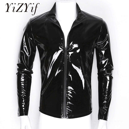 YiZYiF Men's Shiny Metallic Front-Zip Stand Collar Tops Wet Look Cute Patent Leat