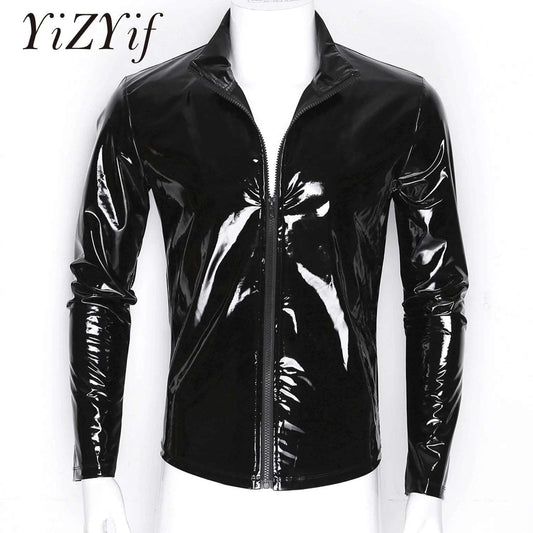 YiZYiF Men's Shiny Metallic Front-Zip Stand Collar Tops Wet Look Cute Patent Leat