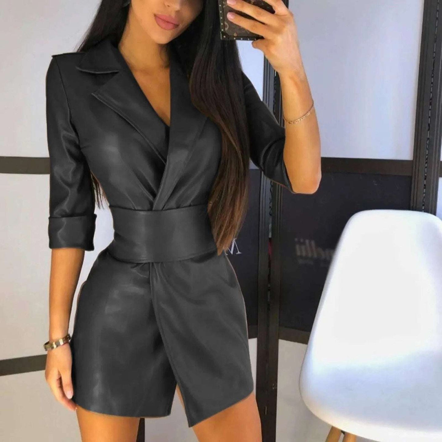Cute Women's PU Leather Dress Long Sleeve V Neck Winter Bodycon Dress Blazer Mini