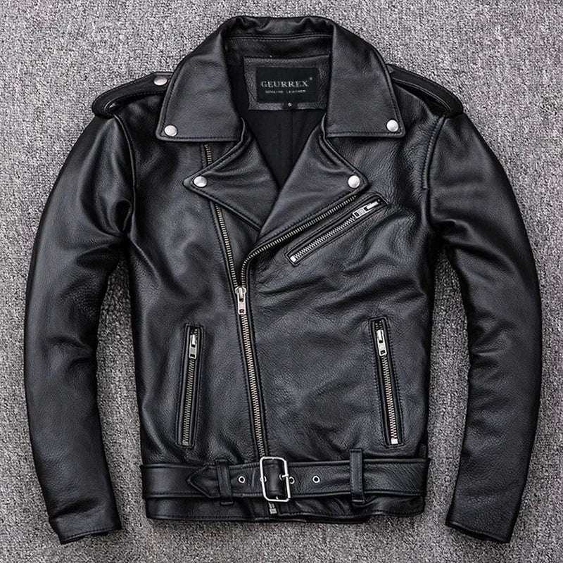 Men'S Motorcycle Leather Jacket  Oblique Zipper Slim Fit Turn-Down Collar Biker Coat, Sheepskin Or Cow Leather, Sizes S-5Xl