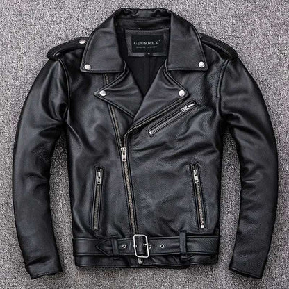 Men'S Motorcycle Leather Jacket  Oblique Zipper Slim Fit Turn-Down Collar Biker Coat, Sheepskin Or Cow Leather, Sizes S-5Xl