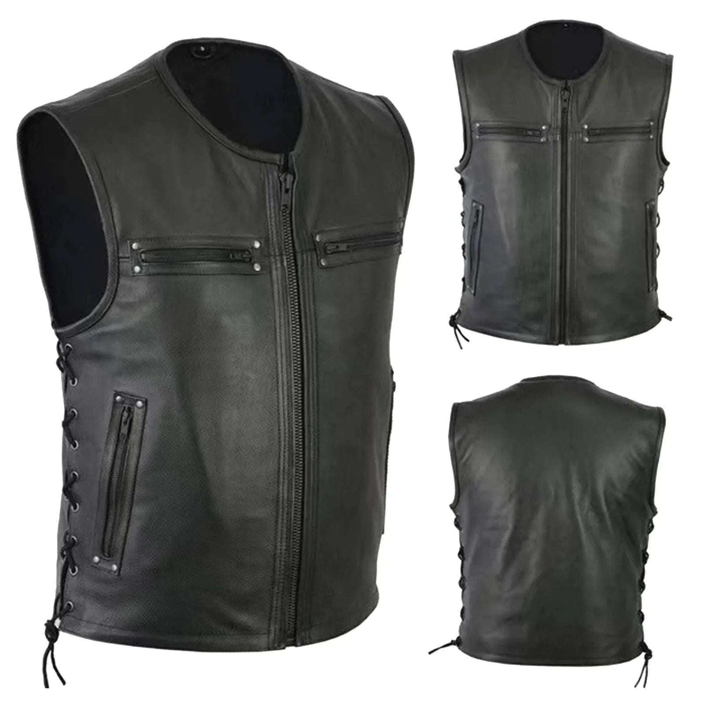 Men's Fashion Motorcycle Leather Vest Solid Color Large Pocket Sleeveless Biker J