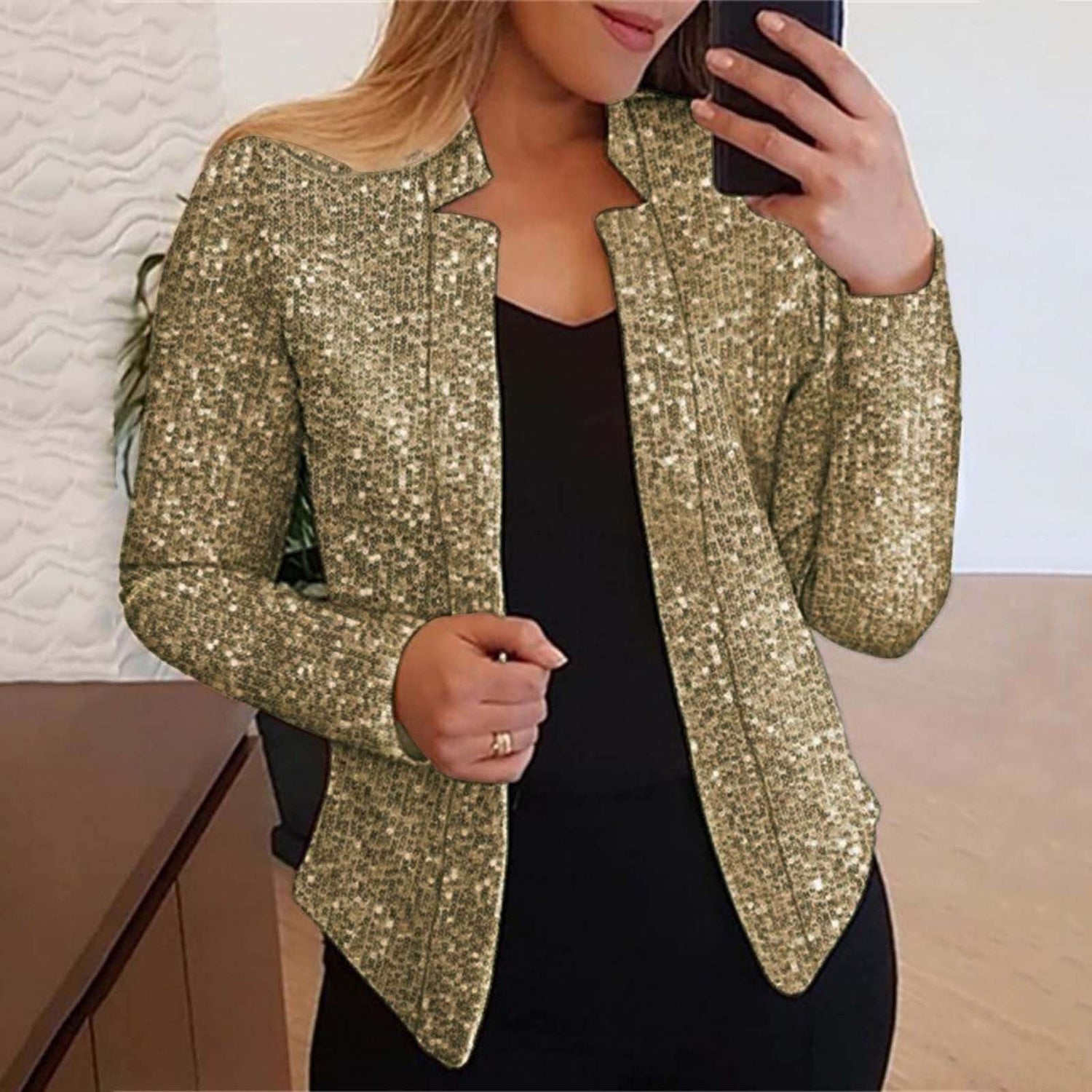 Fashion Sequin Blazer Long Sleeves Slim Fit Cardigan Women's Open Front Jacket Sp