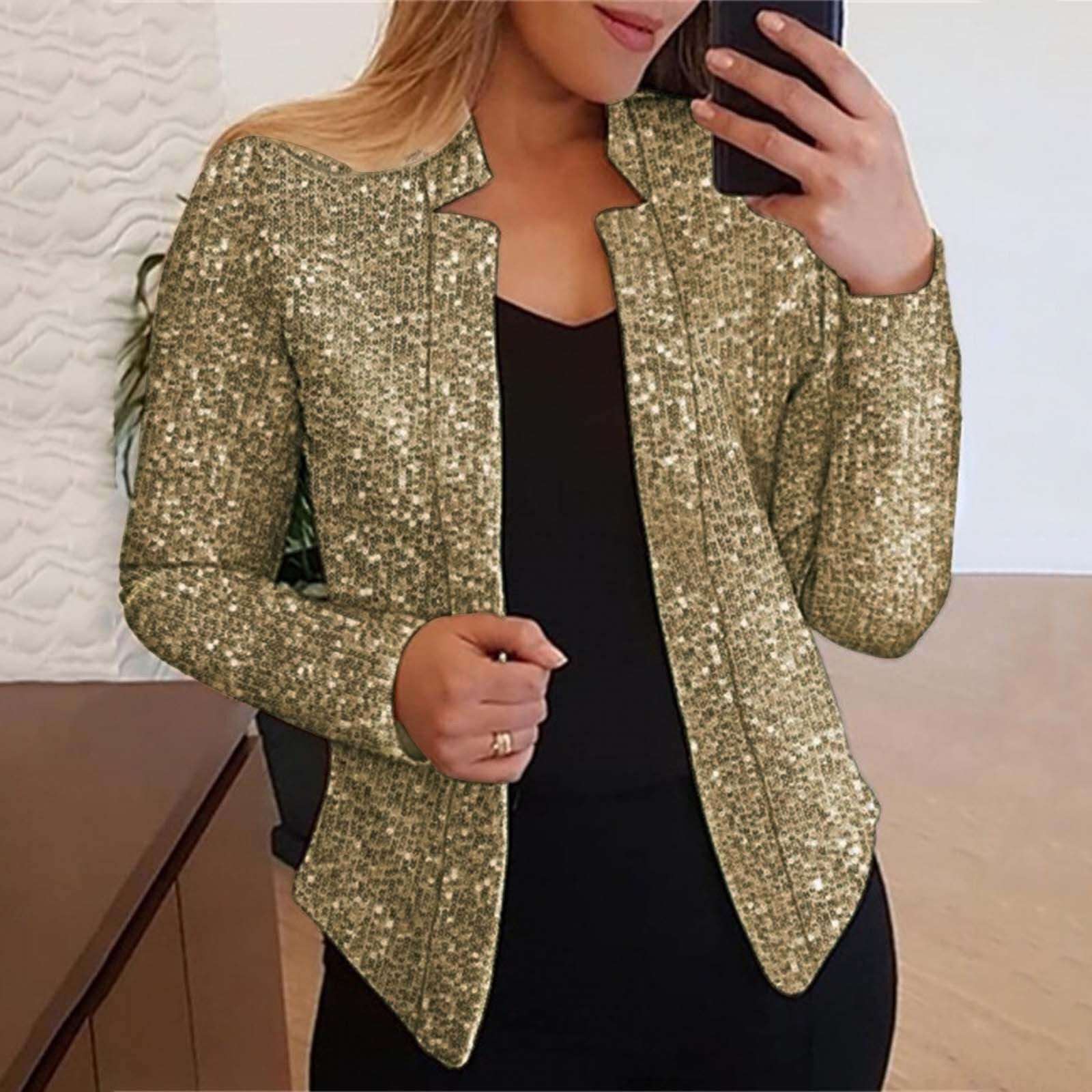 Fashion Sequin Blazer Long Sleeves Slim Fit Cardigan Women's Open Front Jacket Sp
