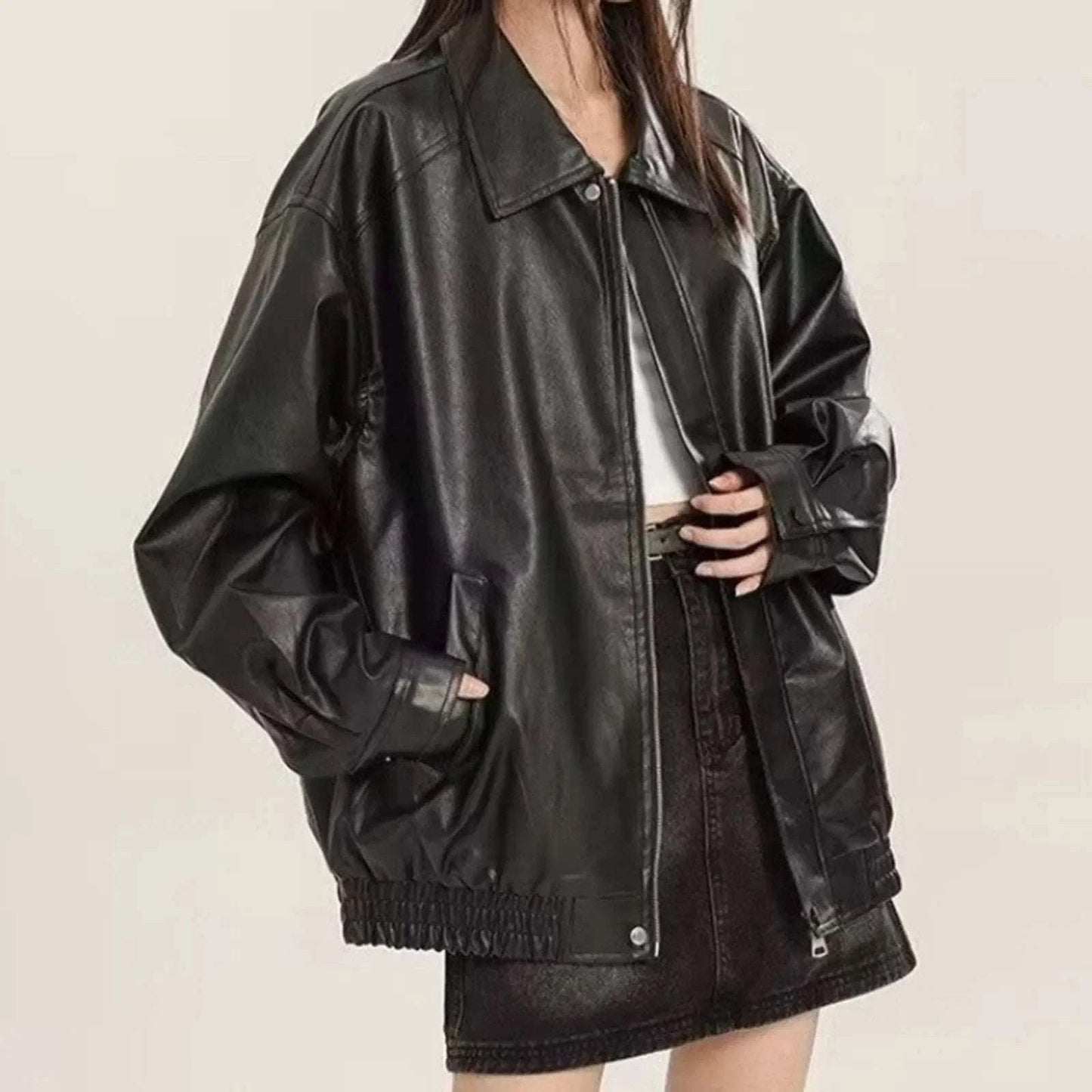 PU Leather Women's Vintage Jacket Long Sleeve Oversized Faux Leather Button Zip Up