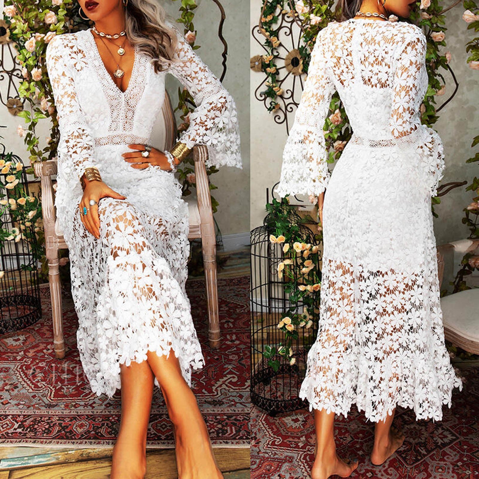 Elegant White Lace Hollow Out Party Dress for Women Sexy V-neck Flare Sleeve Fl image 5