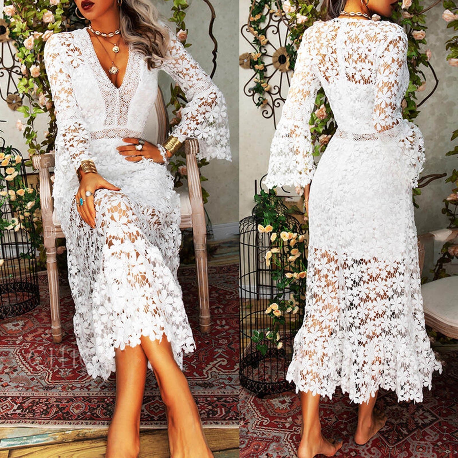 Elegant White Lace Hollow Out Party Dress for Women  V-neck Flare Sleeve Fl image 5