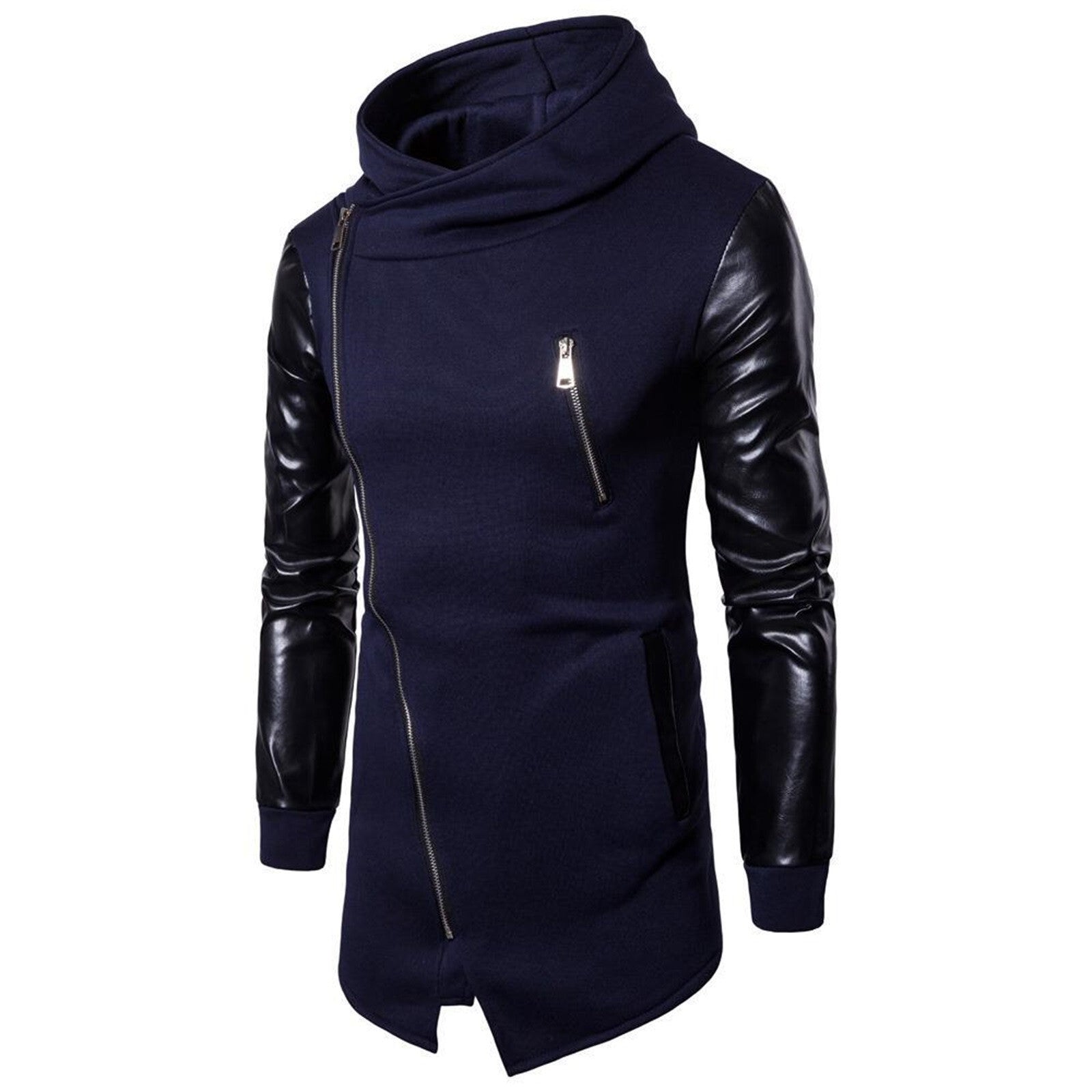 Gothic Men's Fashion Hooded Sweatshirts PU Leather Patchwork Side Zipper Medium L