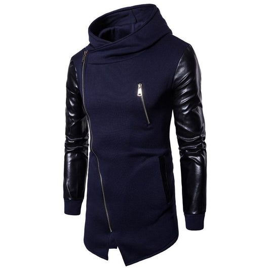 Gothic Men's Fashion Hooded Sweatshirts PU Leather Patchwork Side Zipper Medium L