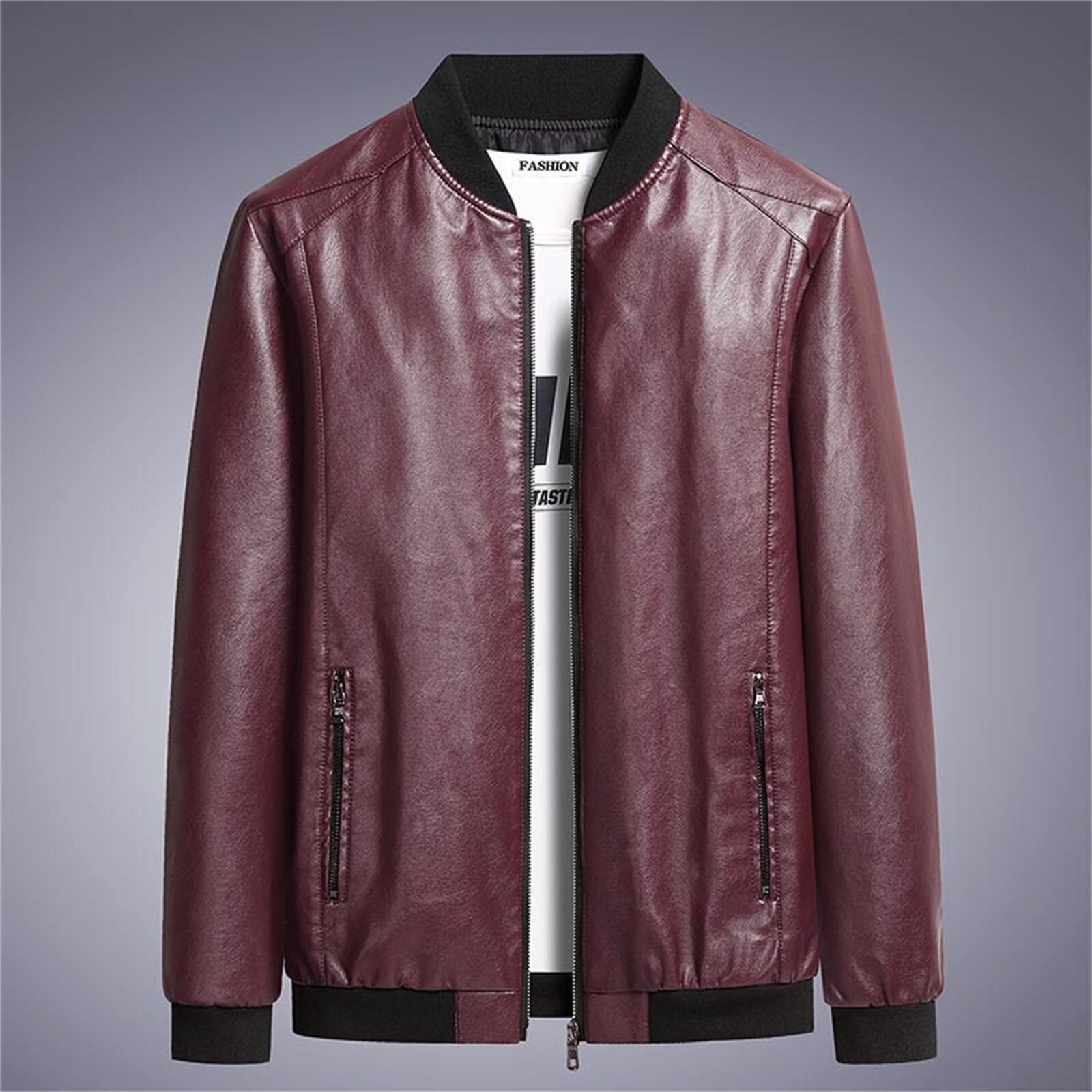 Men'S Fashion Solid Color Zipper Leather Coat Autumn Winter New Casual Outerwea