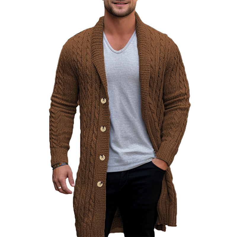 Men Classic V-Neck Cable Knit Button Up Cardigan Sweater Long Sleeve Lapel Wi