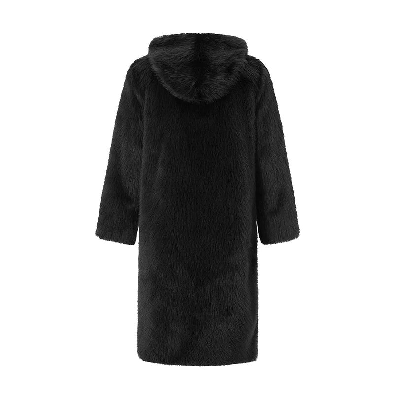 Women Faux Fur Coat With Faux Leather Trim And Belted Waist Long Sleeve Winter W