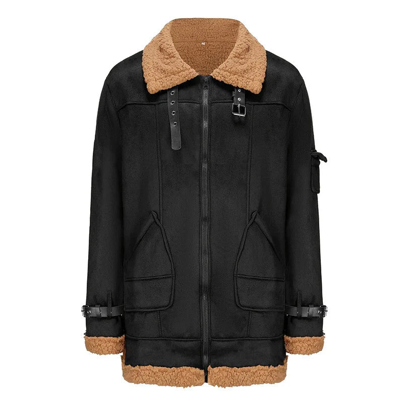 Men's s Stylish Leather Jacket with Woolen Fleece Lining Zip Up Closure Long Slee