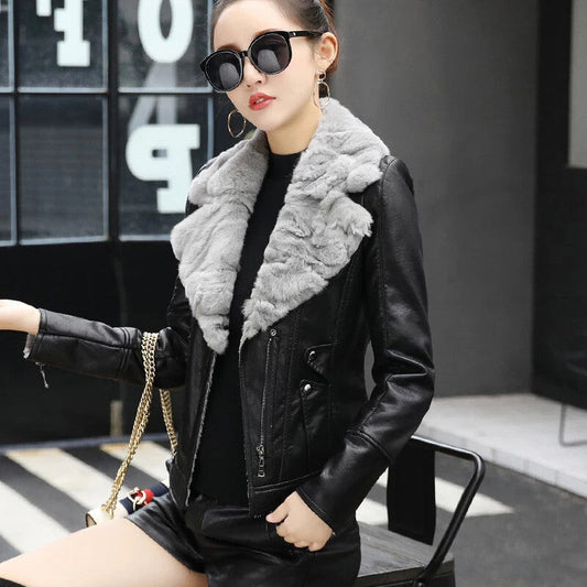 THEME 21 Leather Jacket Women New Fashion Keep Warm Rabbit Fur Collar Moto&Bike