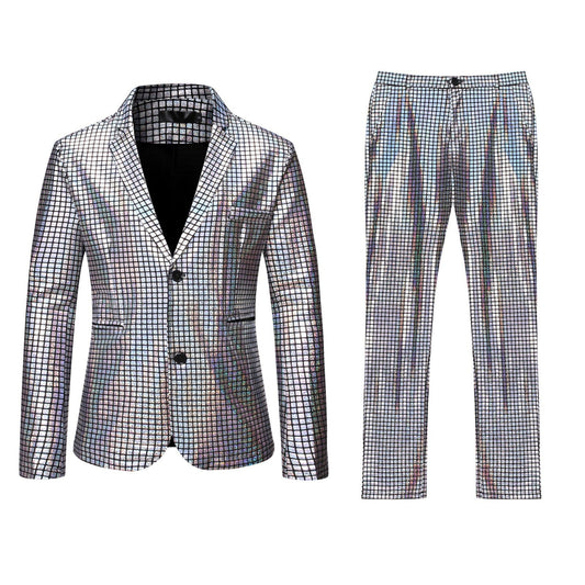 Grid Printed Men 2 Piece Suit Set Retro Punk Single Breasted Blazers And Pant S