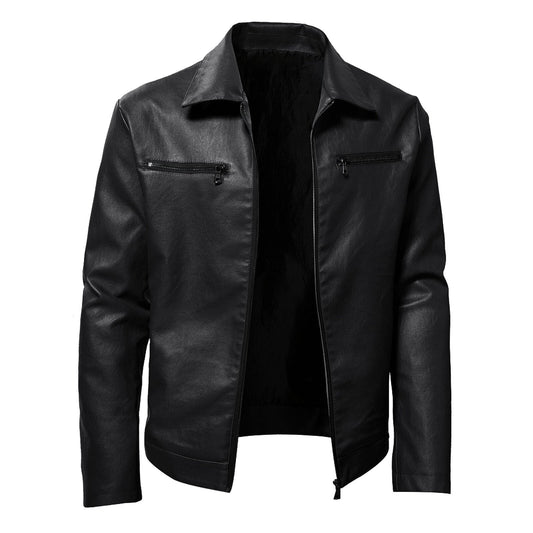 Male Autumn And Winter Solid Color Leather Jacket Warm Coat Jacket Stand Long S