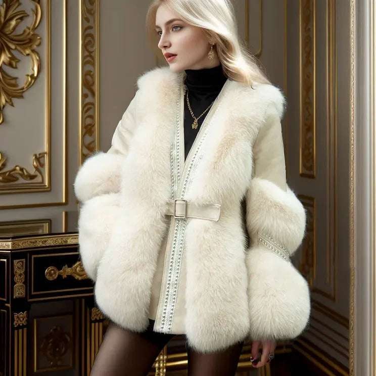 2025 Fashion Slim White Furry Jacket Women's Autumn Winter Thick Warm Faux Leather