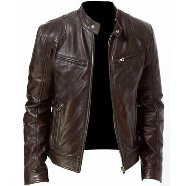 2023 Mens Fashion Leather Jacket Slim Fit Stand Collar PU Jacket Male Anti-wind