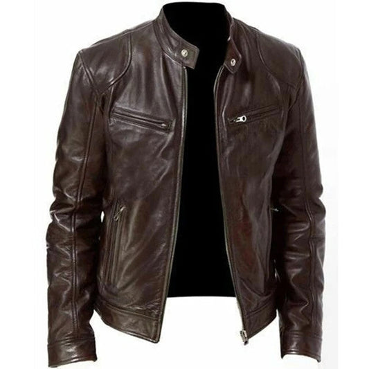 2023 Mens Fashion Leather Jacket Slim Fit Stand Collar PU Jacket Male Anti-wind