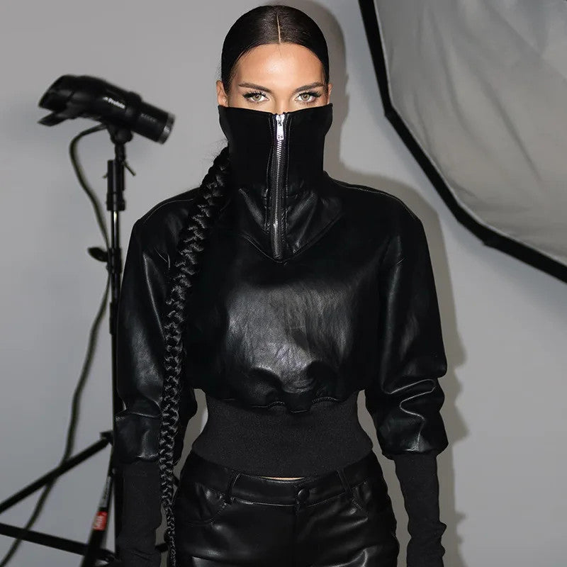 Women Black Pu Leather Pullover Jackets Zipper Turtleneck Full Sleeve Wide Waist