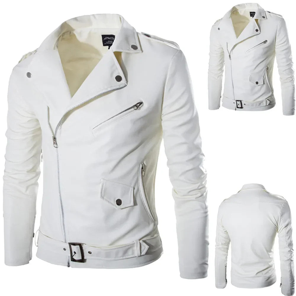 Slim Fit White Pu Leather Jacket For Men's Casual Leather Winter Jacket Fashion M