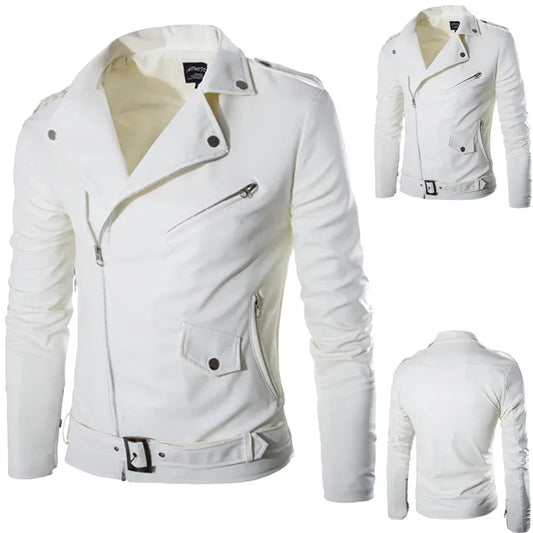 Slim Fit White Pu Leather Jacket For Men's Casual Leather Winter Jacket Fashion M