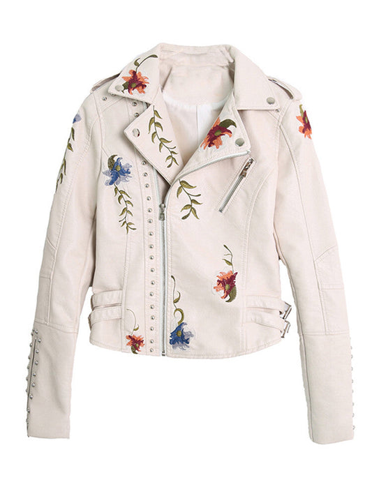 Ftlzz Women Floral Print Embroidery Faux Soft Leather Jacket Coat Turn-down Co