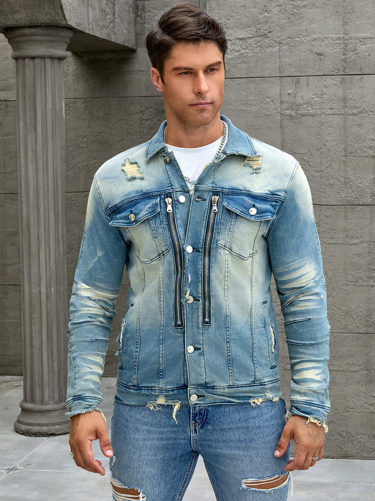 Men's fashion elastic jacket, fashion trend washing water pressure wrinkled cat