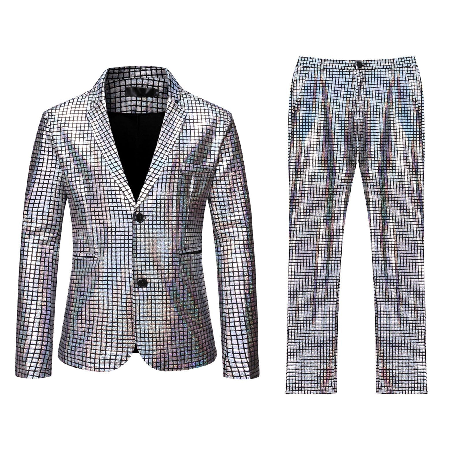 Grid Printed Men's 2 Piece Suit Set Retro Punk Single Breasted Blazers And Pant S