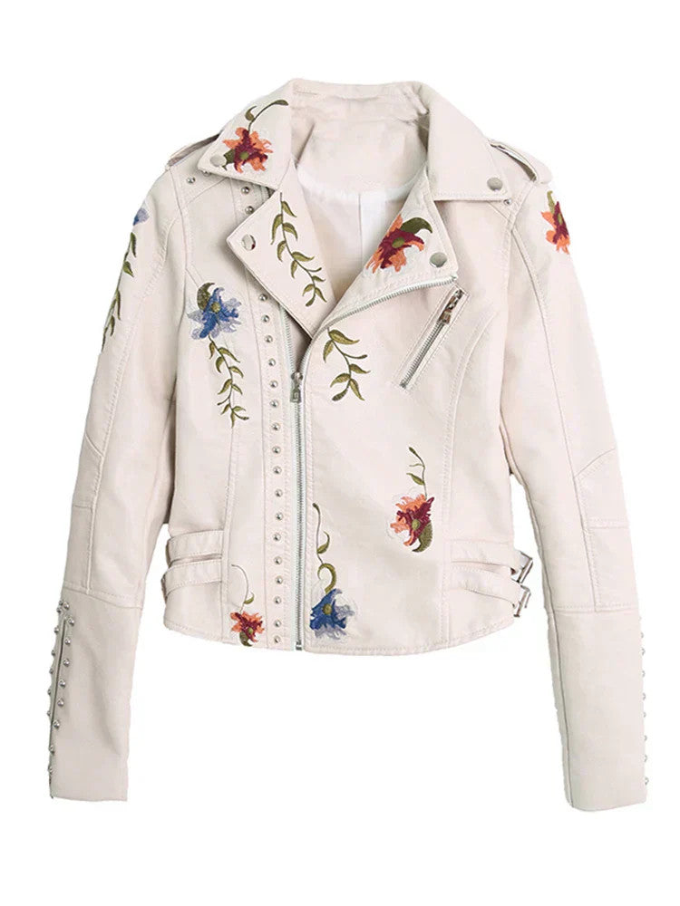 Ftlzz Women's Floral Print Embroidery Faux Soft Leather Jacket Coat Turn-down Co