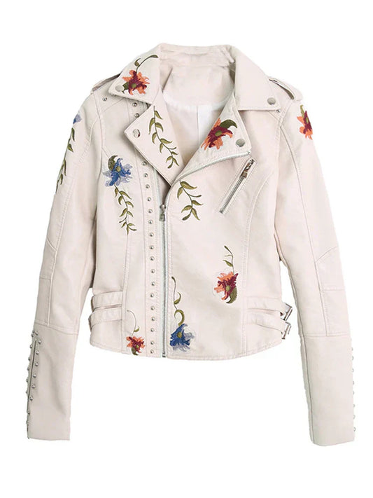 Ftlzz Women's Floral Print Embroidery Faux Soft Leather Jacket Coat Turn-down Co