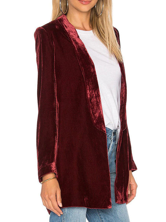 Women Casual Pleuche Blazer Adults Open Front Solid Color Long Sleeve Lapel Sui